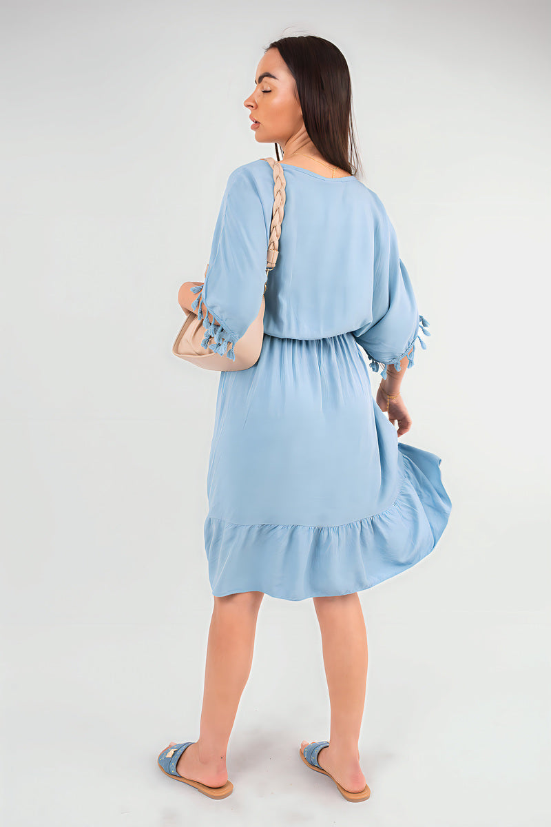 V-Neck Short Sleeve Midi Dress with Tassel Detail - Black River UK