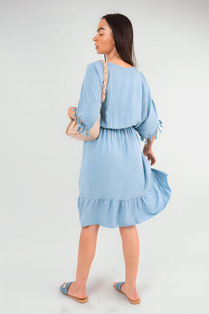 V-Neck Short Sleeve Midi Dress with Tassel Detail - Black River UK