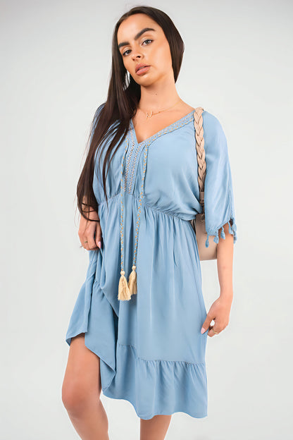 V-Neck Short Sleeve Midi Dress with Tassel Detail - Black River UK