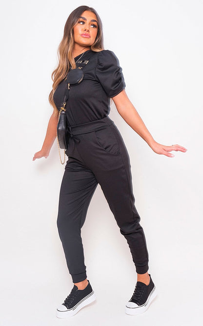Ruched Sleeve Top & Trousers Co-ord Set - Black River UK