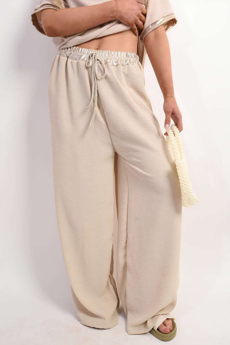 Drawstring Shiny Waist Wide Leg Trouser - Black River UK