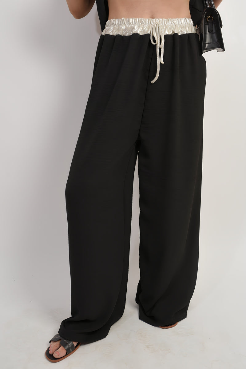 Drawstring Shiny Waist Wide Leg Trouser - Black River UK