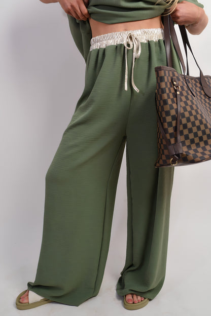 Drawstring Shiny Waist Wide Leg Trouser - Black River UK