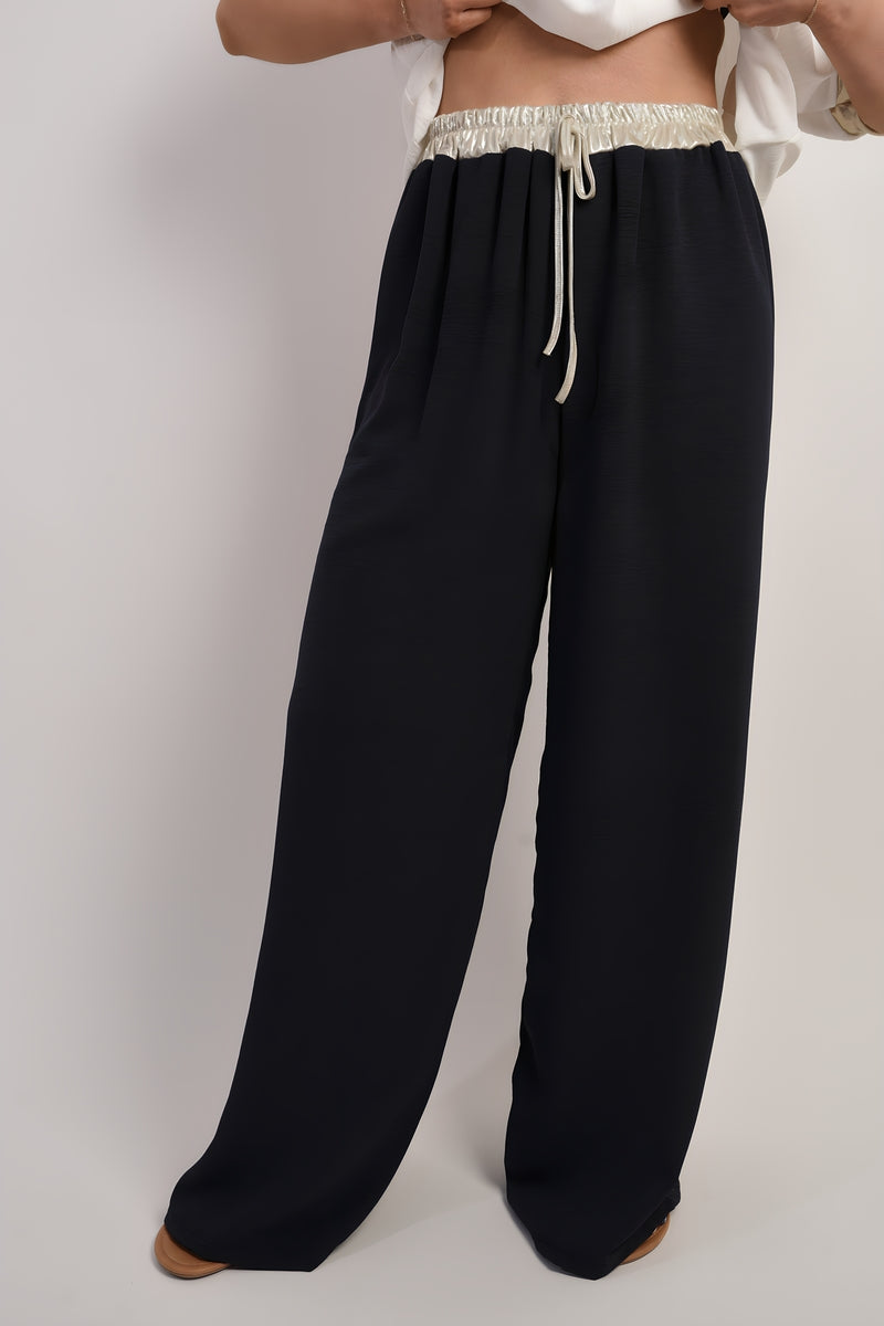 Drawstring Shiny Waist Wide Leg Trouser - Black River UK