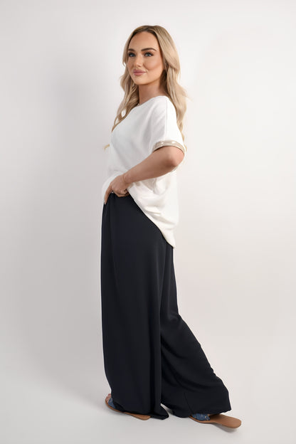 Drawstring Shiny Waist Wide Leg Trouser - Black River UK