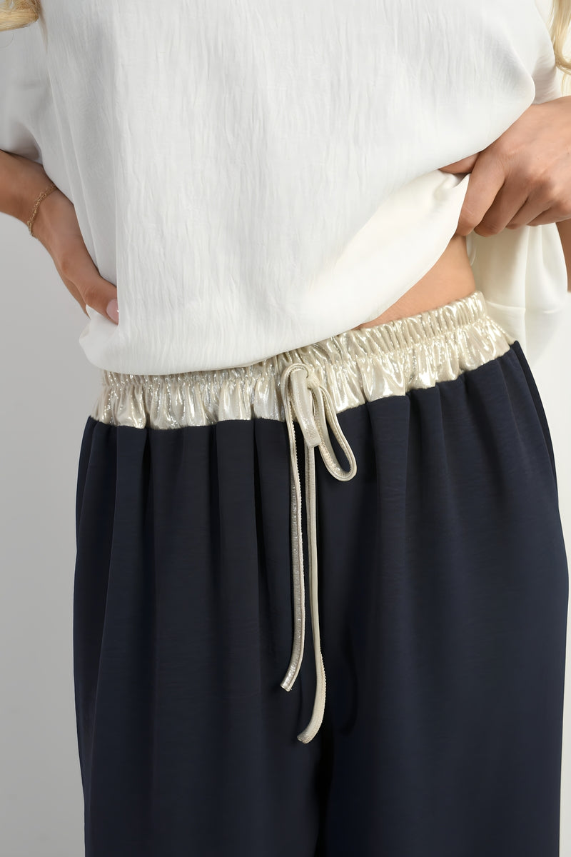 Drawstring Shiny Waist Wide Leg Trouser - Black River UK