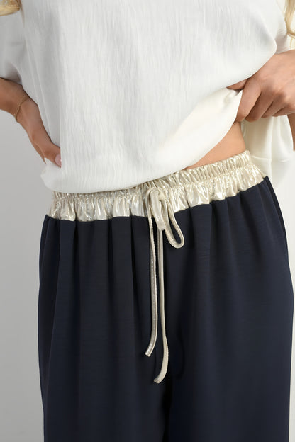 Drawstring Shiny Waist Wide Leg Trouser - Black River UK