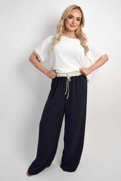 Drawstring Shiny Waist Wide Leg Trouser - Black River UK