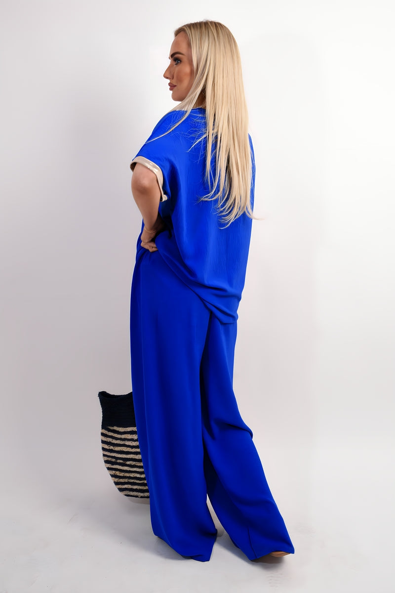Drawstring Shiny Waist Wide Leg Trouser - Black River UK