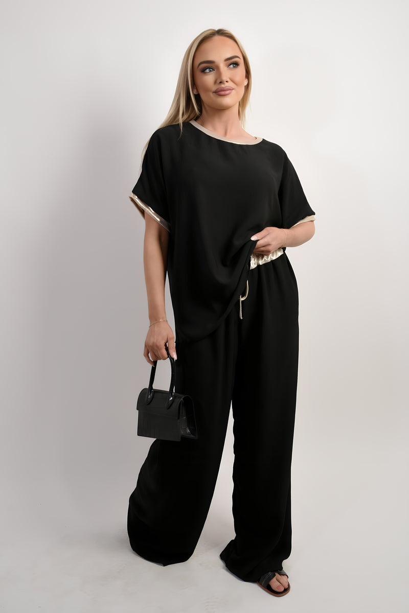 Drawstring Shiny Waist Wide Leg Trouser - Black River UK