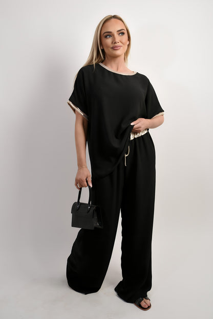 Drawstring Shiny Waist Wide Leg Trouser - Black River UK