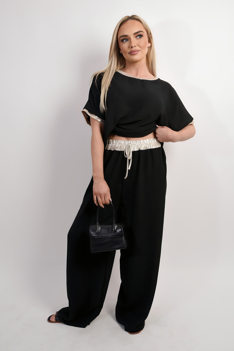 Drawstring Shiny Waist Wide Leg Trouser - Black River UK