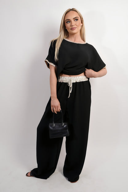 Drawstring Shiny Waist Wide Leg Trouser - Black River UK