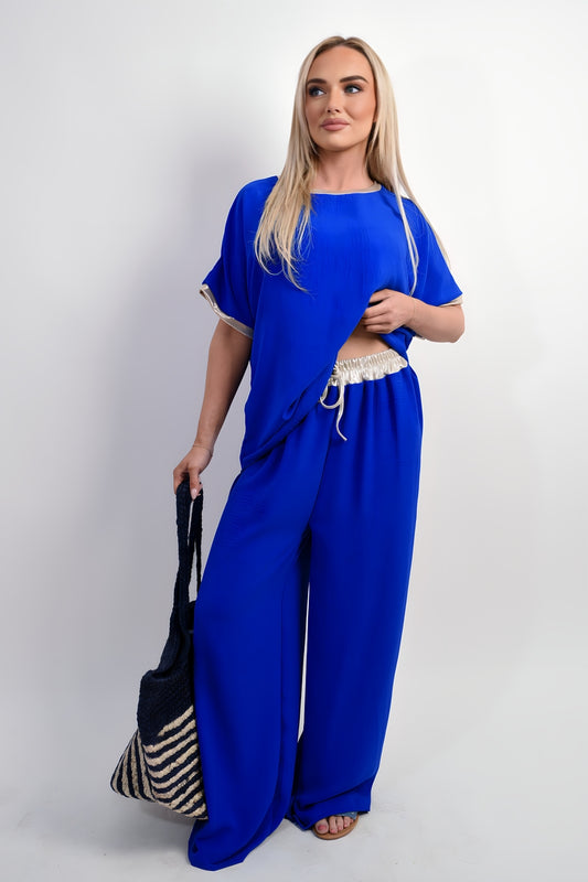 Drawstring Shiny Waist Wide Leg Trouser - Black River UK