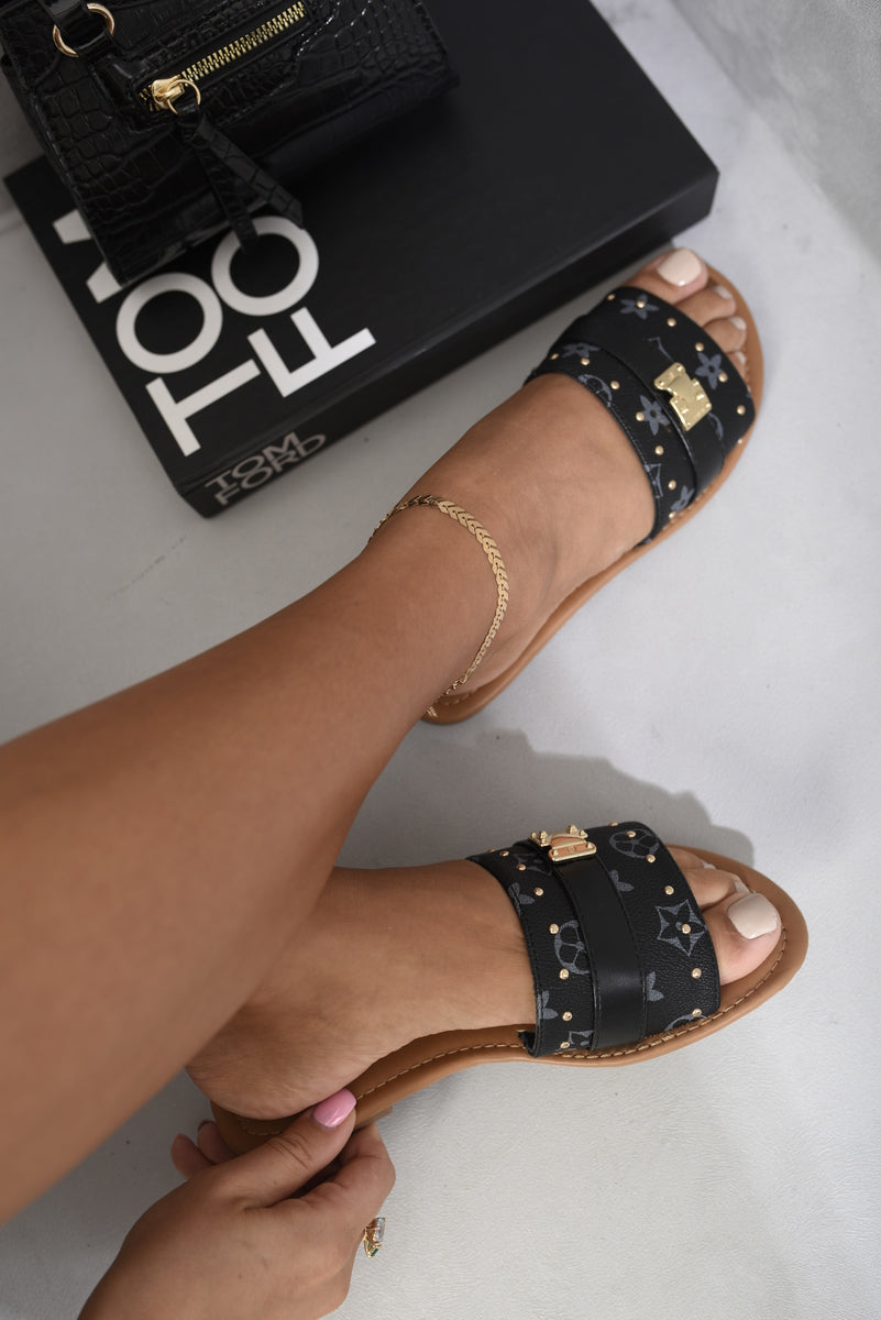 Open Toe Printed Flat Sandals - Black River UK