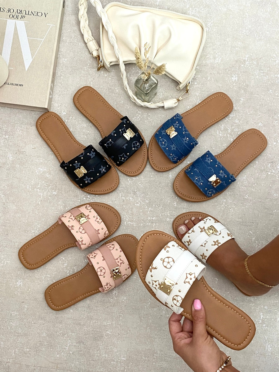 Open Toe Printed Flat Sandals - Black River UK
