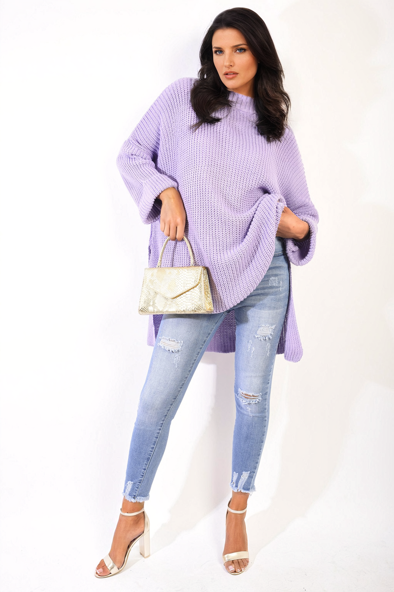 High Neck Oversized Long Sleeve Knitted Jumper - Black River UK
