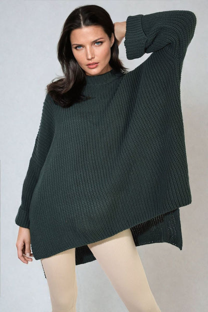High Neck Oversized Long Sleeve Knitted Jumper - Black River UK