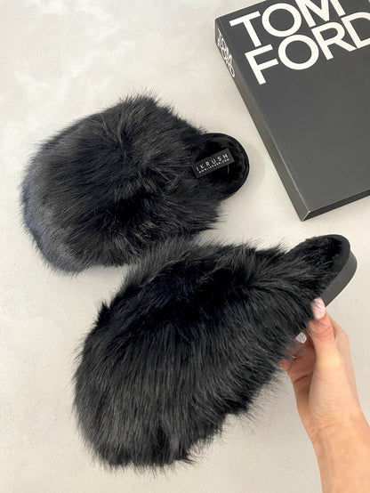 Fluffy Faux Fur Winter Sandals - Black River UK