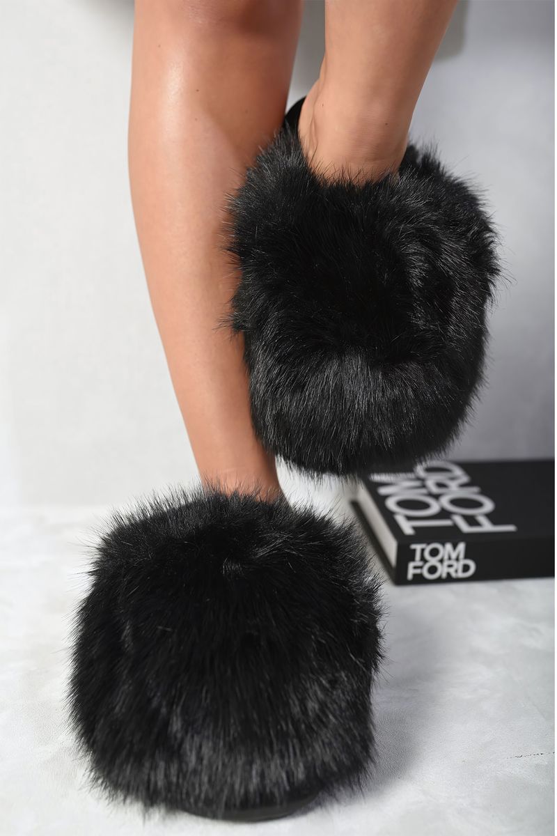 Fluffy Faux Fur Winter Sandals - Black River UK