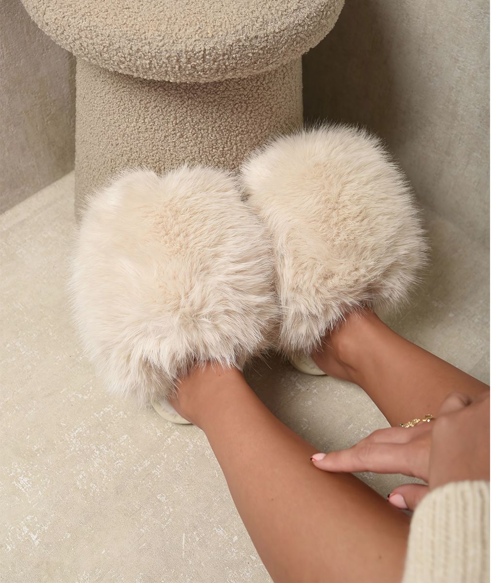 Fluffy Faux Fur Winter Sandals - Black River UK