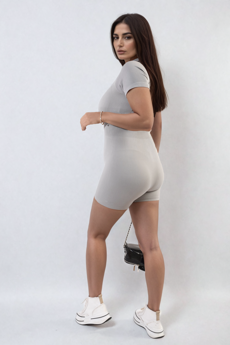 Rib Knit Zip Front Short Sleeve Playsuit - Black River UK