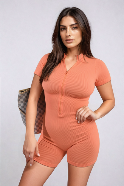 Rib Knit Zip Front Short Sleeve Playsuit - Black River UK