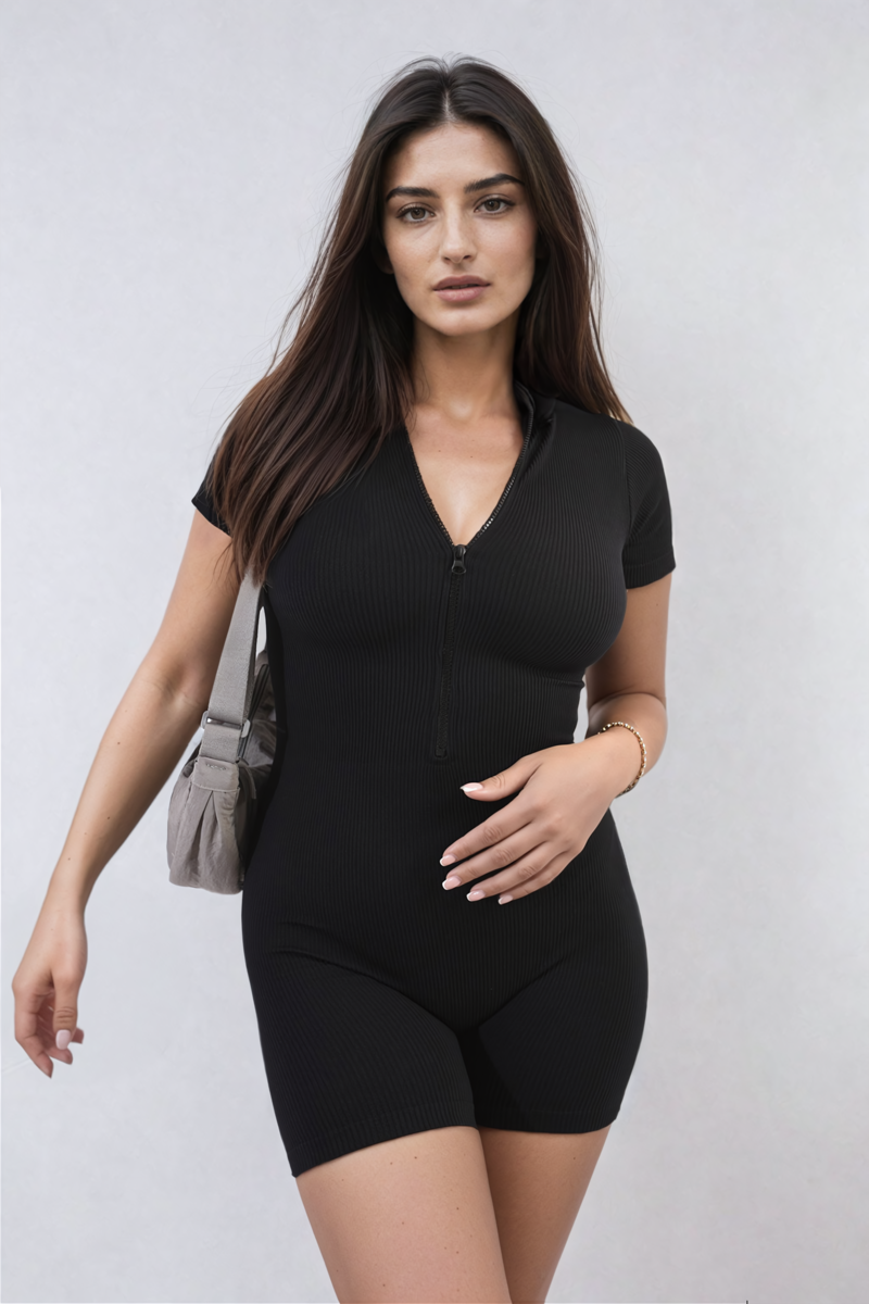 Rib Knit Zip Front Short Sleeve Playsuit - Black River UK