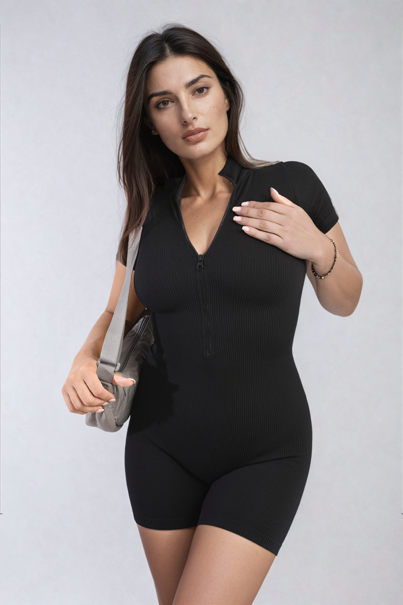 Rib Knit Zip Front Short Sleeve Playsuit - Black River UK