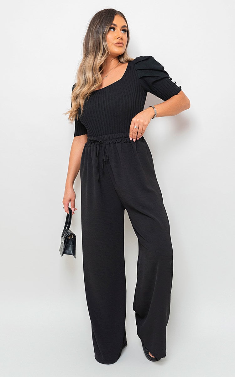 Drawstring Gathered Waist Wide Leg Trouser - Black River UK