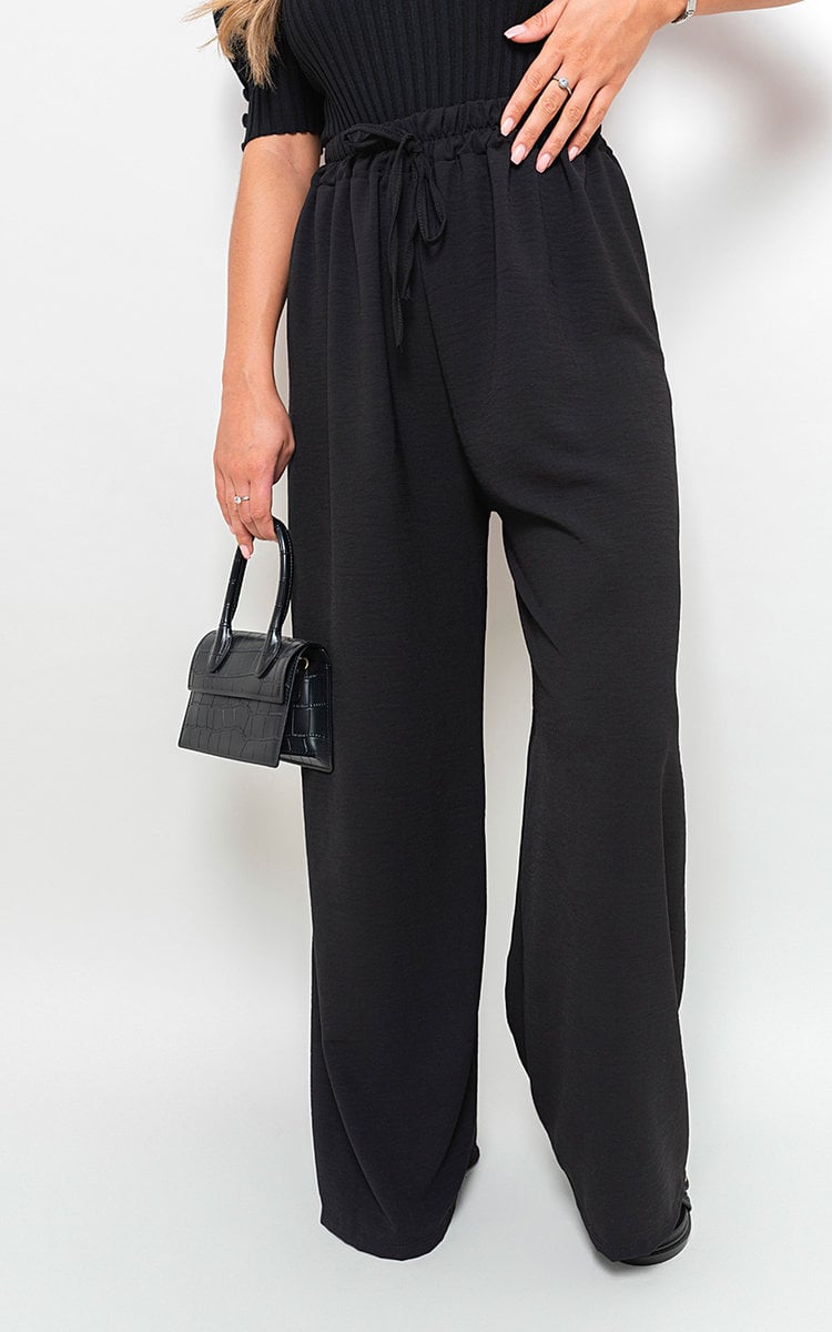 Drawstring Gathered Waist Wide Leg Trouser - Black River UK