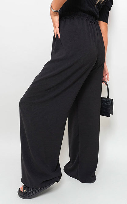 Drawstring Gathered Waist Wide Leg Trouser - Black River UK
