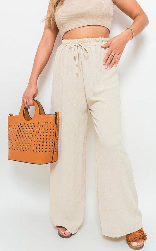Drawstring Gathered Waist Wide Leg Trouser - Black River UK