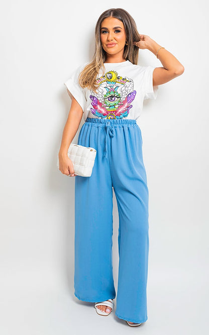 Drawstring Gathered Waist Wide Leg Trouser - Black River UK