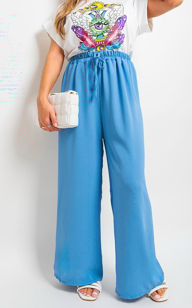 Drawstring Gathered Waist Wide Leg Trouser - Black River UK