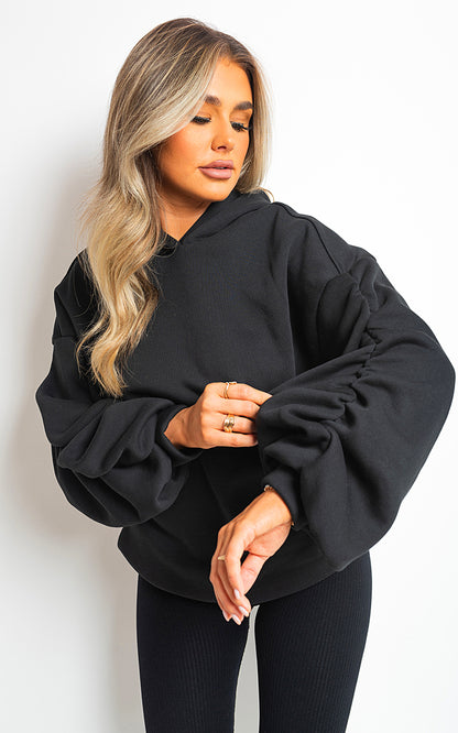 Fall Winter Oversized Ruched Sleeves Hoodie - Black River UK