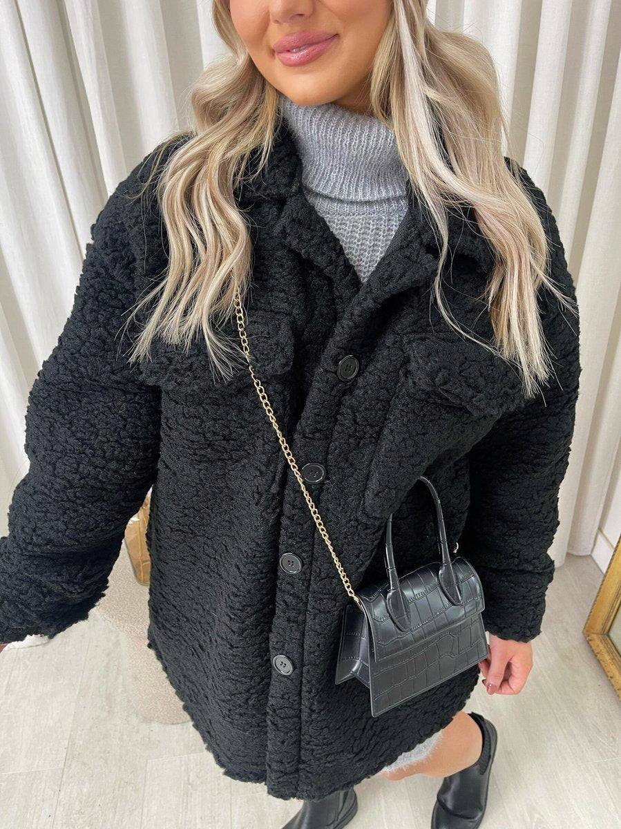 Button Down Collared Winter Coat Jacket - Black River UK