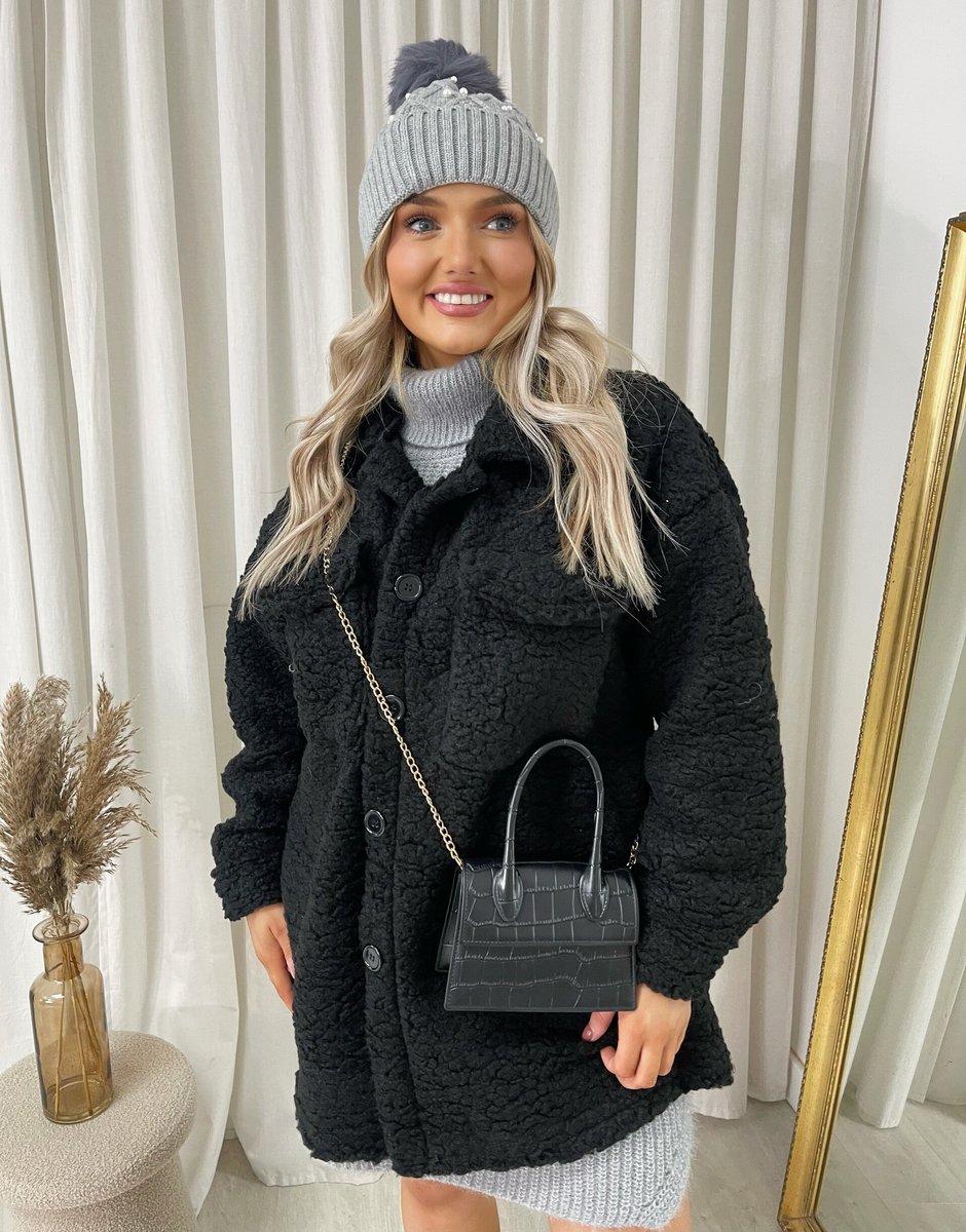 Button Down Collared Winter Coat Jacket - Black River UK