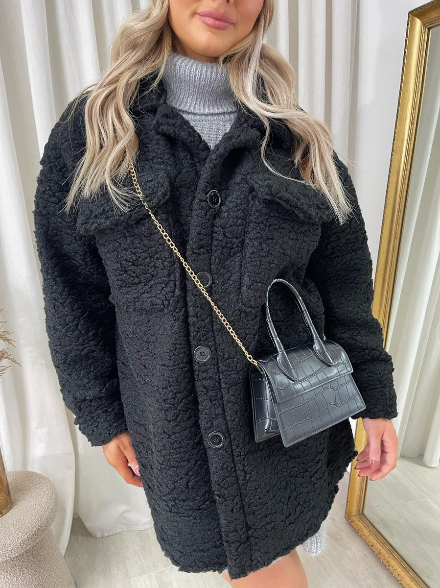 Button Down Collared Winter Coat Jacket - Black River UK