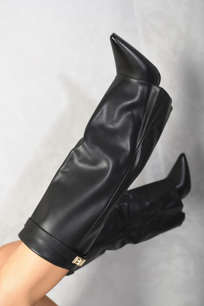Skirted Fold Over Buckle Pointed Toe High Boots - Black River UK
