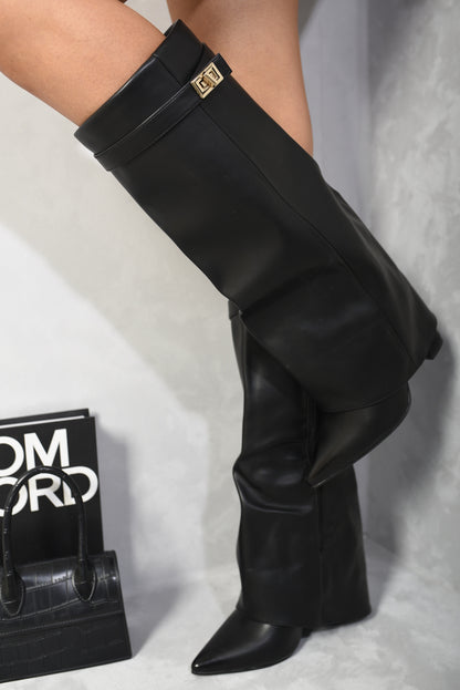 Skirted Fold Over Buckle Pointed Toe High Boots - Black River UK