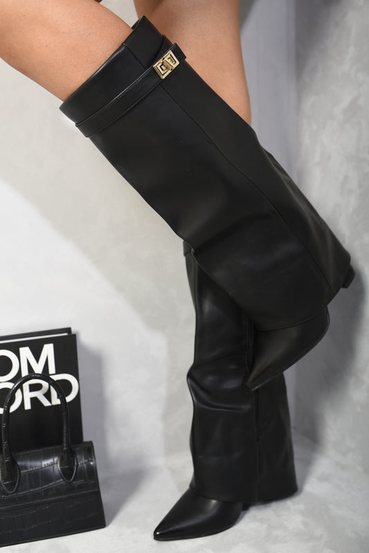 Skirted Fold Over Buckle Pointed Toe High Boots - Black River UK