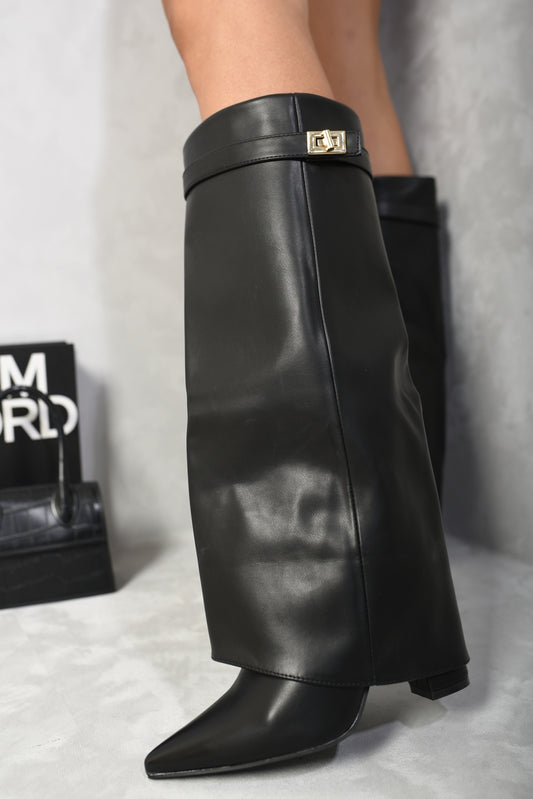 Skirted Fold Over Buckle Pointed Toe High Boots - Black River UK