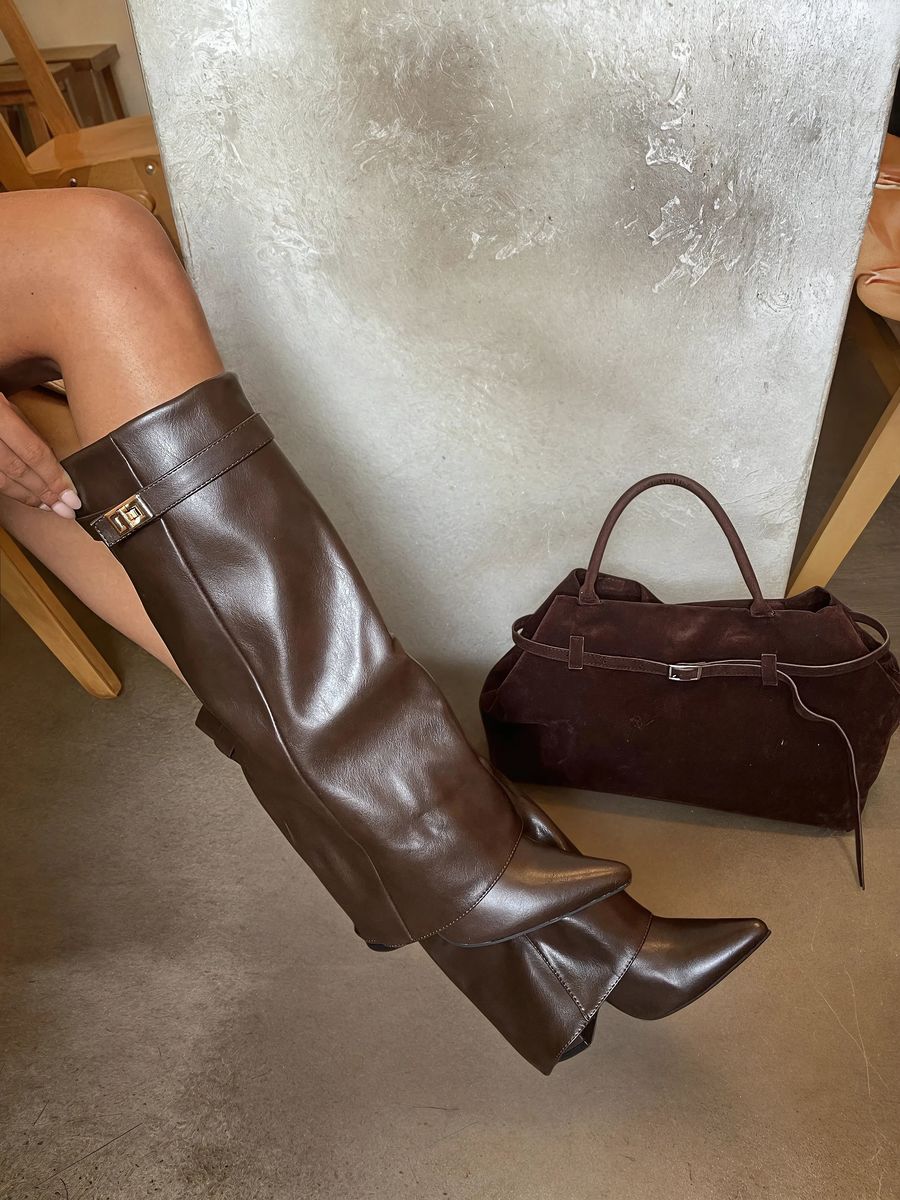 Skirted Fold Over Buckle Pointed Toe High Boots - Black River UK