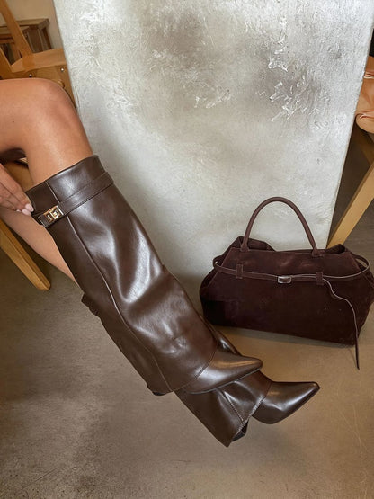 Skirted Fold Over Buckle Pointed Toe High Boots - Black River UK