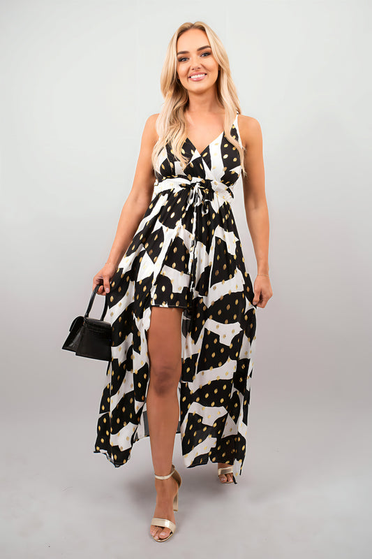 Printed V-Neck Sleeveless Romper Midi Dress