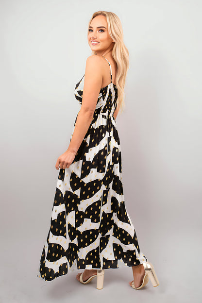 Printed V-Neck Sleeveless Romper Midi Dress