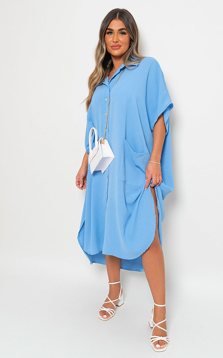 Button Down Collared Midi Dress with Two Front Pockets - Black River UK