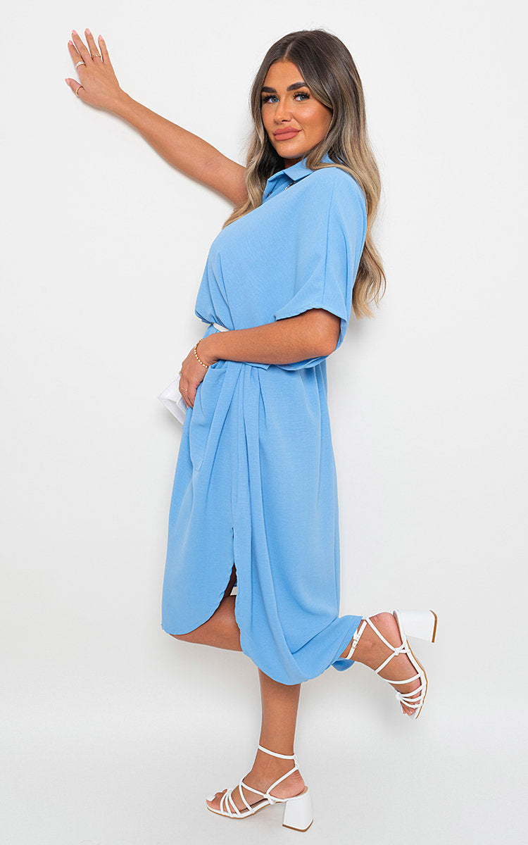 Button Down Collared Midi Dress with Two Front Pockets - Black River UK