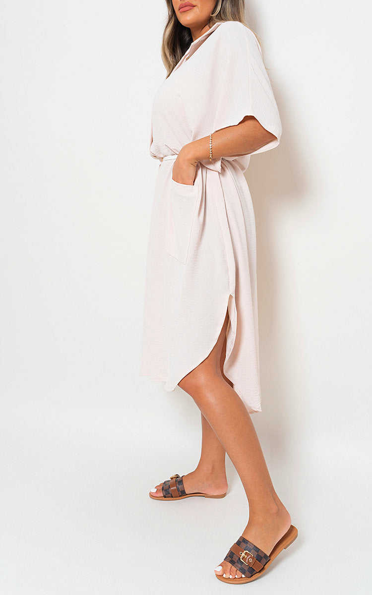 Button Down Collared Midi Dress with Two Front Pockets - Black River UK